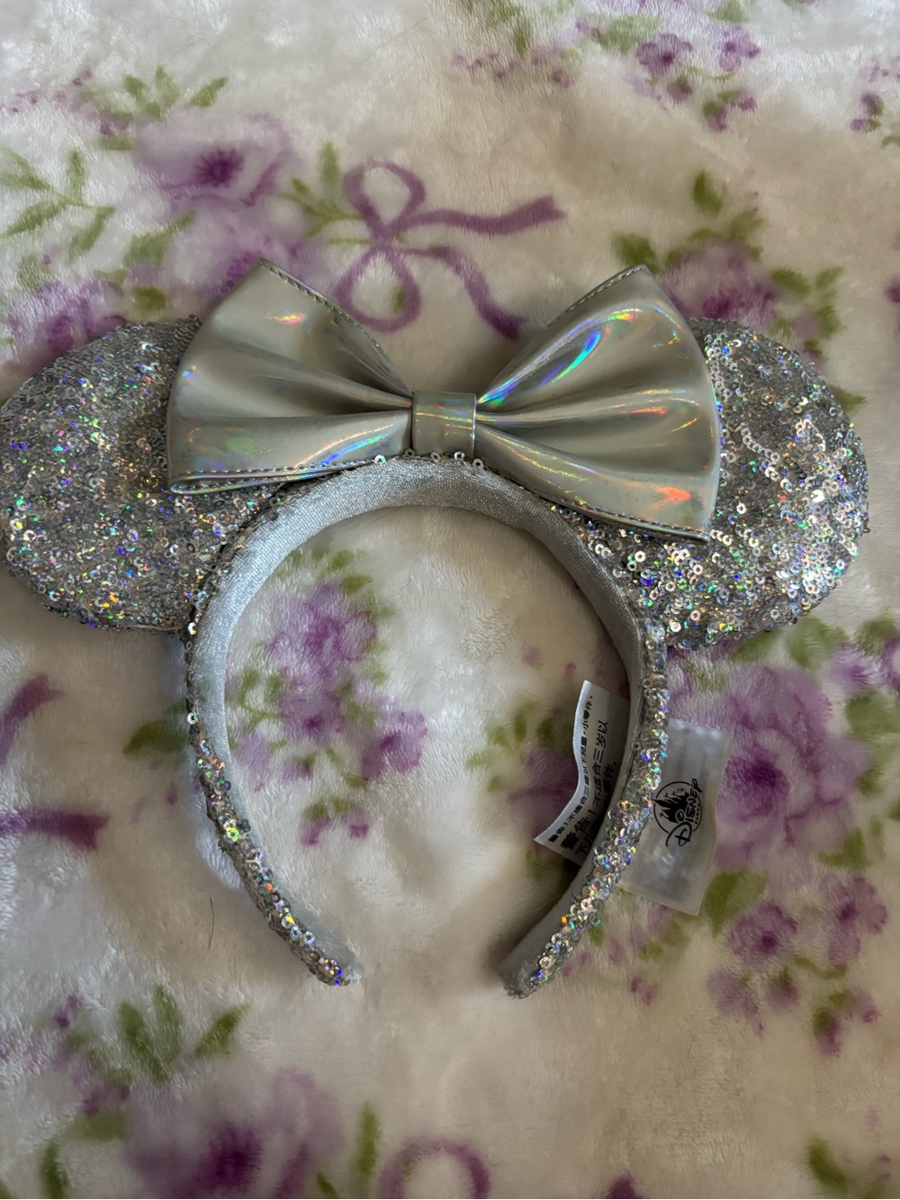 Disney Silver Sequin Minnie Ear Headband with Holographic Bow